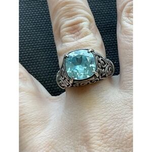 925 Sterling Silver Filigree Ring Size 7 Blue Stone Vintage Estate Jewelry